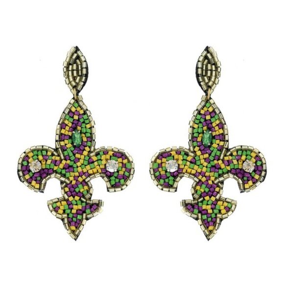 Fleur de Lis Mardi Gras Seed Bead Post Earrings Festive Purple Green Gold 0222 - Picture 1 of 1